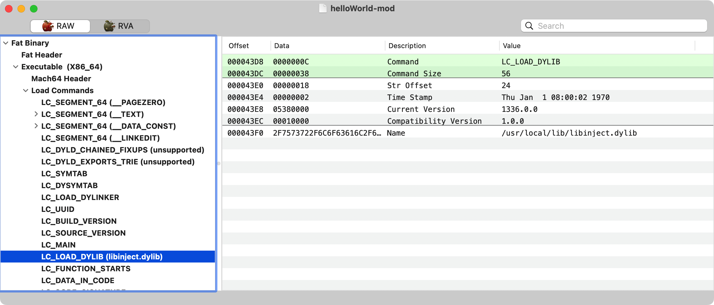 libSystem.B.dylib加载指令修改后状态